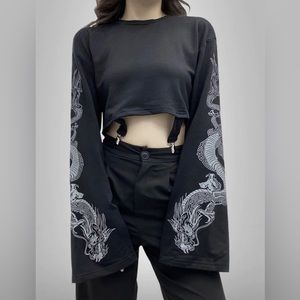 Black Dragon Embroidered Sleeve Crop Top